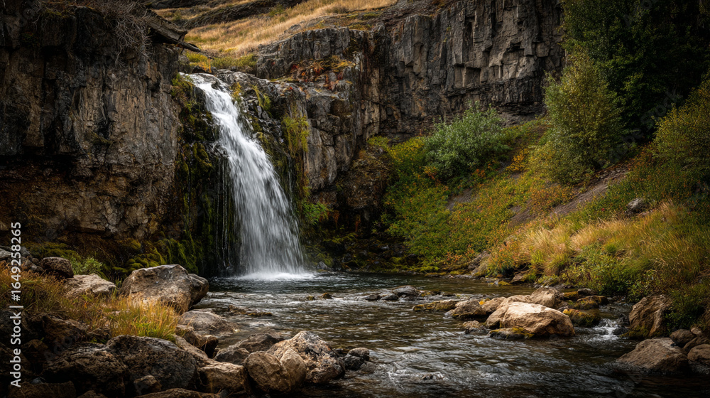 Obraz premium A scenic waterfall cascading down rocky cliffs into a stream with lush greenery