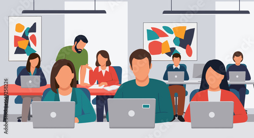 A diverse group of professionals are actively collaborating and working on laptops in a modern, open-plan office environment, depicted in a vibrant flat illustration style.