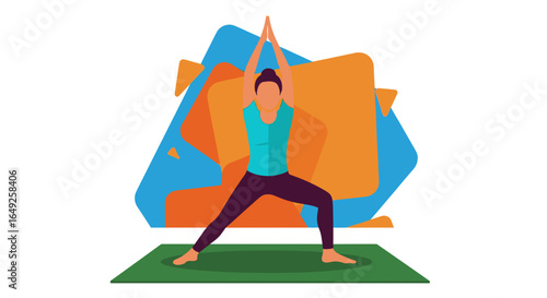 A woman in a turquoise top and purple leggings performs a yoga pose on a green mat, with abstract orange and blue shapes in the background.