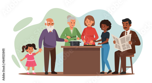 A multigenerational family gathers in the kitchen, preparing a meal together, fostering connection and creating lasting memories around cooking and family time.
