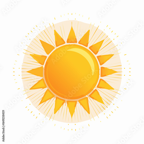 Vibrant vector illustration of a stylized sun with a glossy finish and glowing rays. Bright yellow graphic icon symbolizing summer, sunshine, and heat.