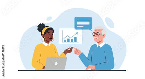 A diverse business team, featuring a young woman and an older man, engages in a productive discussion about financial growth at their office desk.