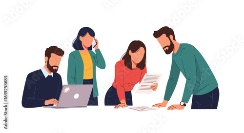 A diverse team of business professionals collaborates effectively in a modern office setting, showcasing teamwork and productivity through a clean illustration.