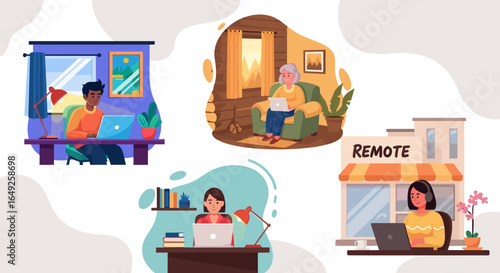 Diverse individuals working remotely from home and a small business, showcasing modern flexible employment and digital connectivity.