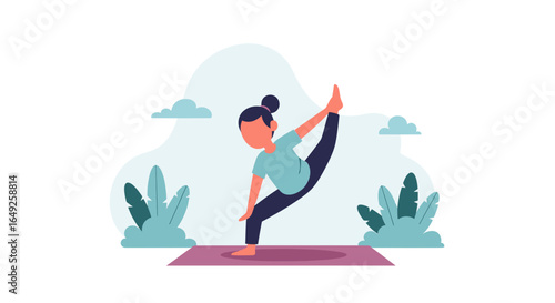 A young woman performs a challenging yoga pose outdoors on a mat, surrounded by stylized plants and a peaceful sky, promoting serenity and well-being.