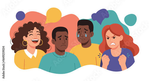 A colorful vector illustration showcasing diverse emotional expressions among a group of individuals, highlighting the complexity of human feelings and social interactions.