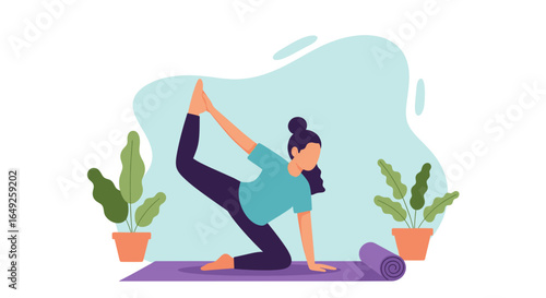 An illustration depicts a woman gracefully performing a yoga pose on a mat, surrounded by potted plants in a serene indoor setting, promoting wellness.