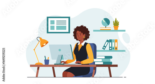 An African American businesswoman works at her desk with a computer, lamp, and books in a modern, bright office, showcasing productivity and professionalism.