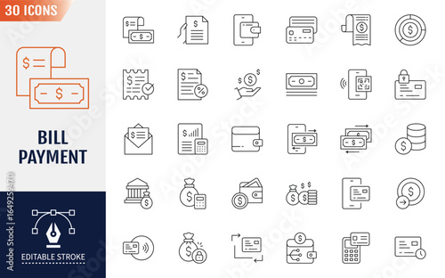 Bill Payment Line Editable Icons set.  Containing bill, payment, money, atm, cash, document and more. Vector illustration