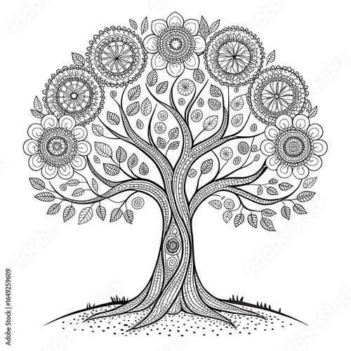 Intricate black and white mandala tree of life illustration