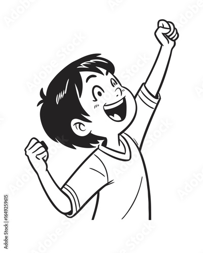 Happy Preschool Child Cartoon with Arms Raised in Line Art