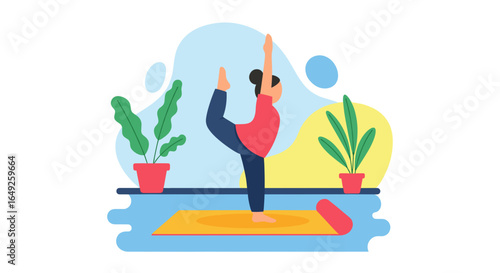 Woman practicing yoga at home, balancing in Natarajasana pose on a mat surrounded by houseplants. Represents wellness, mindfulness, and a healthy lifestyle.