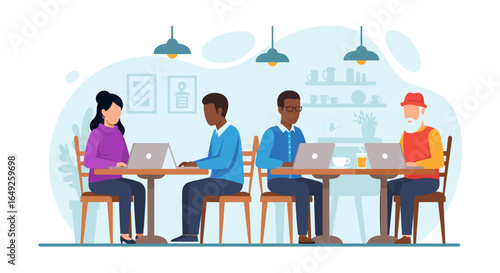 Diverse people working on laptops in a modern cafe setting. Represents remote work, business, technology, and flexible lifestyle. Ideal for co-working or online education.