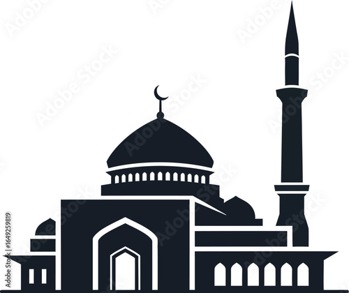 Silhouette of a mosque, featuring a dome, minaret, and arched entrances.
