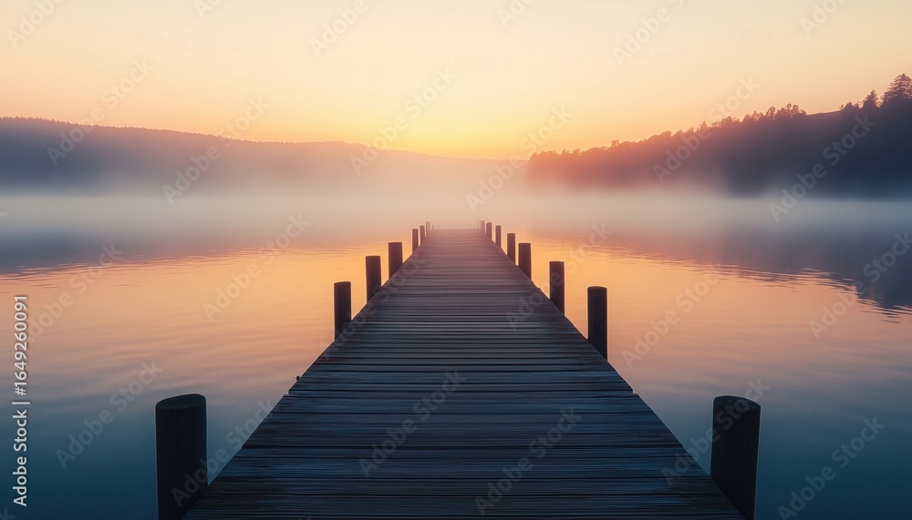 Fototapeta premium Scenic Sunrise On Lake With A Long Pier Overlooking The Water - Through Fog On A Beautiful Morning By The Lake