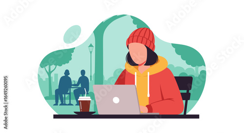 Young person in a casual beanie and hoodie works on a laptop outdoors, enjoying coffee in a park-like setting. Represents remote work, freelance, and a modern lifestyle.