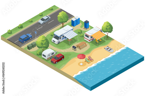 Isometric illustration of a seaside camping area with RVs, caravans, cars, beach chairs, umbrellas, and portable toilets.