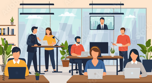 A vibrant open-plan office environment showcases diverse professionals actively collaborating and working efficiently, embodying modern teamwork and corporate productivity.
