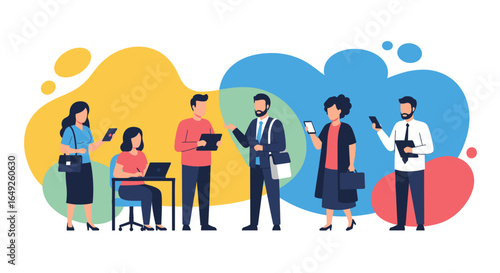 Diverse business professionals engaging in dynamic communication and collaboration, utilizing technology in a modern corporate setting. Ideal for business concepts.