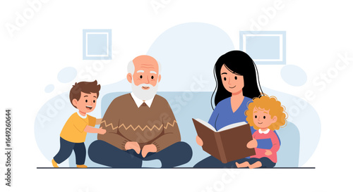 A loving grandmother reads a story to her grandchildren while the grandfather watches fondly.