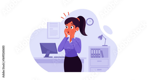 Surprised businesswoman reacts to shocking news or urgent deadline in her office. Illustrates workplace stress, unexpected problems, or critical information. Ideal for business concepts.