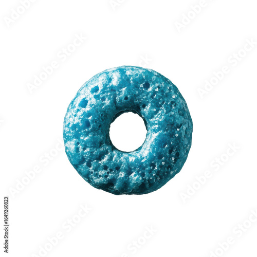A single, vibrant blue fruity cereal loop with a sugary texture, perfectly formed and isolated against a smooth transparent background with creamy bokeh, ultra detailed studio macro shot, concept of