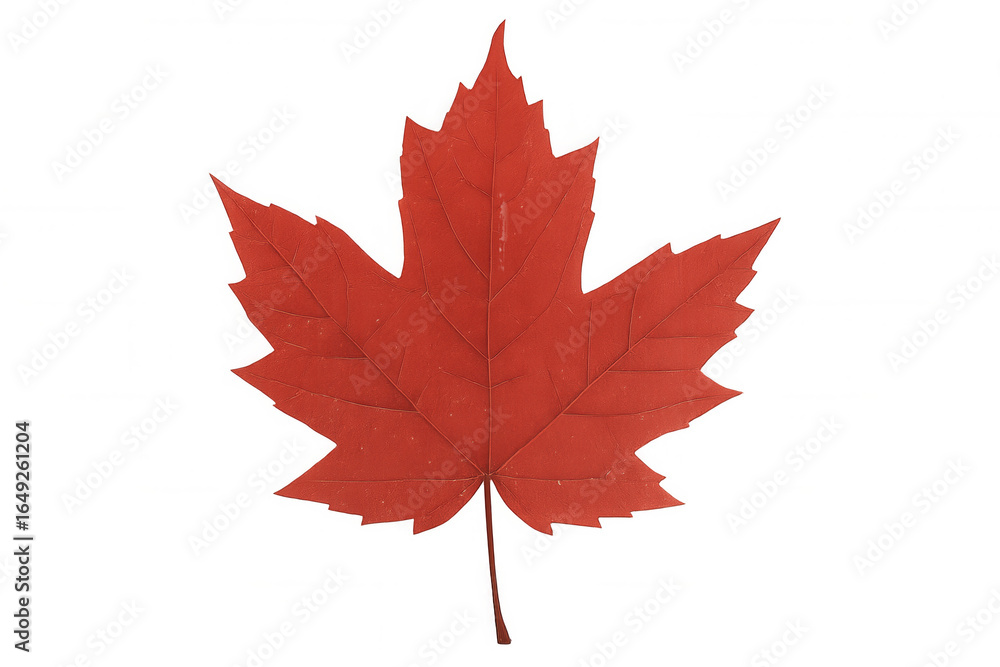 Naklejka premium Red maple leaf displaying vivid autumn coloration, showcasing delicate veining against transparent backdrop with crisp botanical clarity