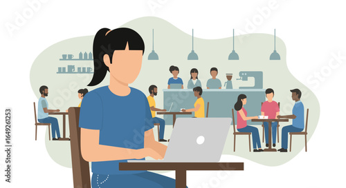Young woman working on a laptop in a busy cafe with people socializing and enjoying drinks at tables.