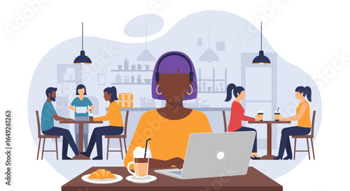 A woman works on her laptop in a bustling cafe while others socialize and enjoy their drinks and pastries.