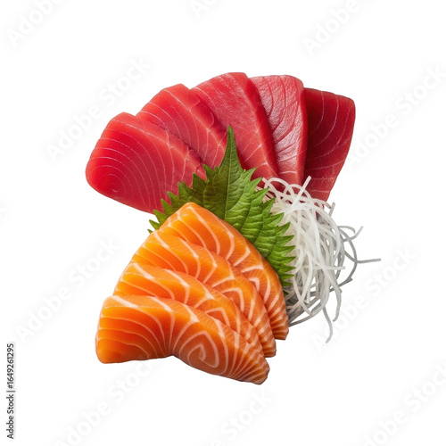 Meticulously arranged tuna and salmon sashimi platter with shiso leaf and daikon radish, isolated on a clean transparent studio background, overhead shot, sharp focus, concept of gourmet asian cuisine