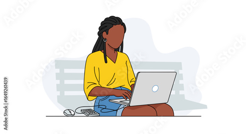 A young Black woman with braided hair works on her laptop outdoors, enjoying a casual work session.
