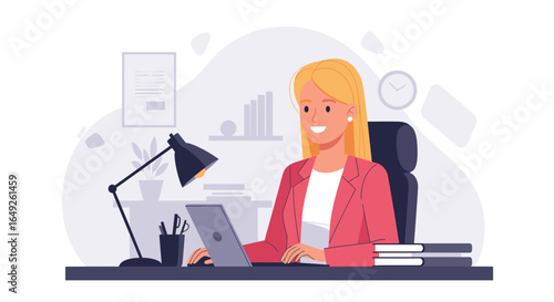 A confident blonde businesswoman smiles while diligently working on her laptop at a modern office desk, embodying productivity and professional success.