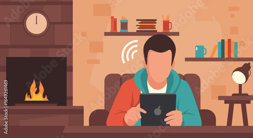 Man relaxing by a warm fireplace, using a tablet computer for entertainment and connection.