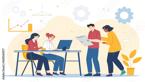 Diverse team collaborates on a business project in a modern office setting, discussing charts and data.