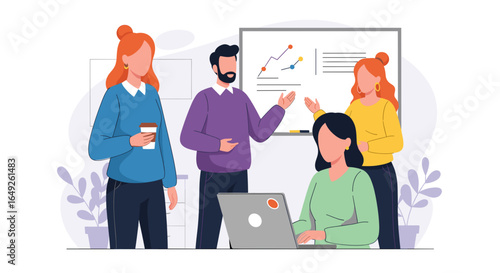 A diverse team of business professionals collaborates in a modern office setting, brainstorming ideas and analyzing data on a whiteboard during a productive meeting.
