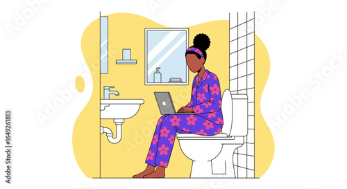A woman in pajamas sits on a toilet, diligently working on her laptop in a casual bathroom setting. Depicts remote work, multitasking, and informal productivity from home.