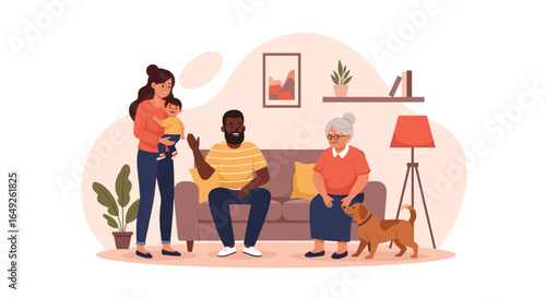 A diverse, multi-generational family enjoys quality time together in a cozy living room, creating warm memories.