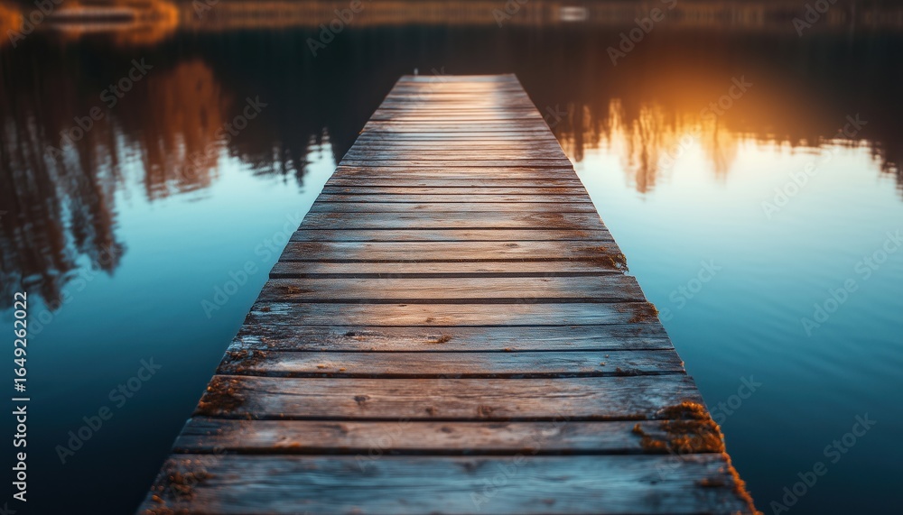 Naklejka premium Rustic Pier Overlooking Sunlit Pond: Capturing The Perfect Mirror Image With A Unique Perspective View On The Water Surface