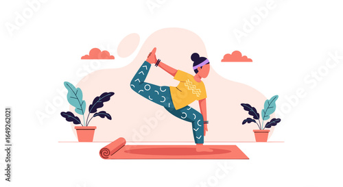 A woman in athletic wear gracefully performs a yoga pose on a mat, surrounded by decorative plants and clouds.