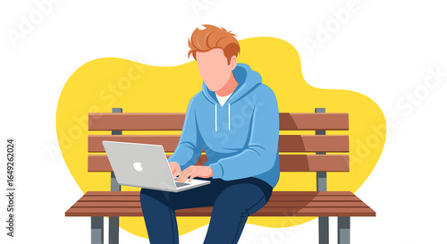 Young man in casual clothing working on a laptop computer while sitting on a park bench with a yellow background.