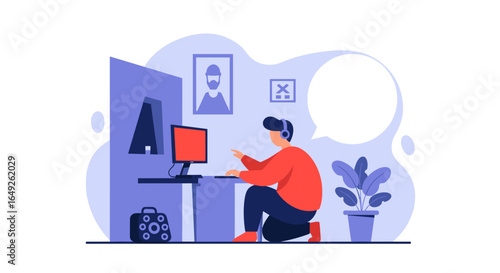 Person wearing headset works on computer in office cubicle with plant and speech bubble overhead