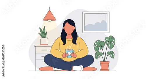 A relaxed woman enjoys a warm beverage while sitting comfortably indoors surrounded by plants and soft lighting.