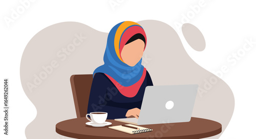 A modern Muslim woman wearing a vibrant hijab works diligently on her laptop at a cafe table, embodying productivity and digital connection.