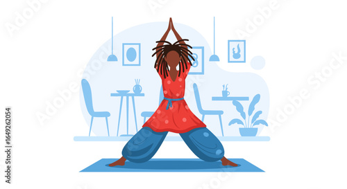 An African American woman with dreadlocks practices yoga at home, finding peace and balance. Ideal for concepts of wellness, mindfulness, and healthy lifestyle.