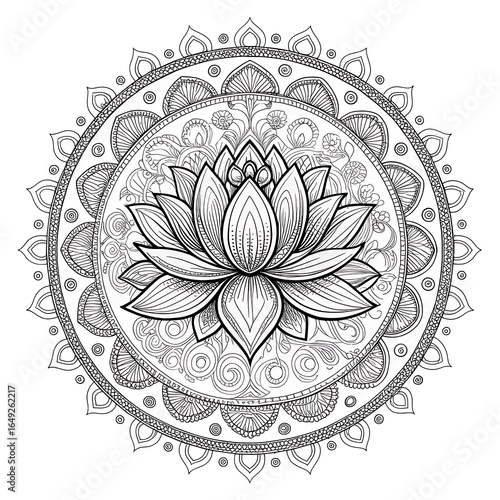 Intricate black and white lotus flower mandala design