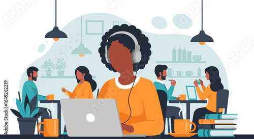 A focused Black woman with headphones works on her laptop in a modern co-working cafe, surrounded by diverse individuals collaborating and socializing.