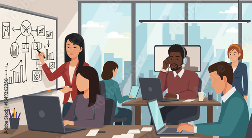 A diverse team of professionals collaborates on a strategic project, analyzing data and developing innovative solutions in a modern office environment.
