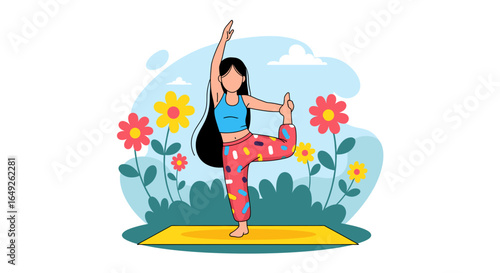 A woman practices yoga in a vibrant garden, embracing a healthy and active lifestyle outdoors.