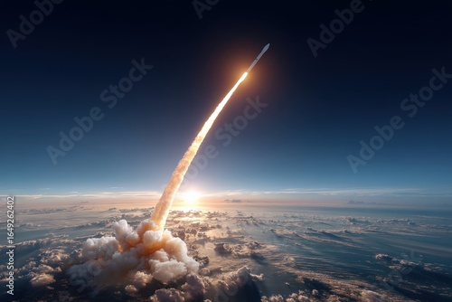 A rocket launches into the sky, leaving a trail of smoke and light against a backdrop of clouds and the horizon.