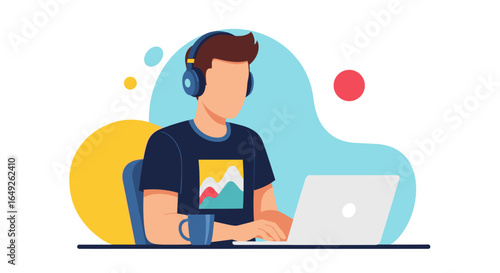 Young man wearing headphones enjoys working on his laptop with a coffee cup nearby in a modern, colorful workspace.